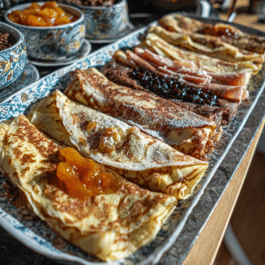 Palacsinta változatok – lekváros, túrós, kakaós és sós sonkás-sajtos palacsinta egy tálon