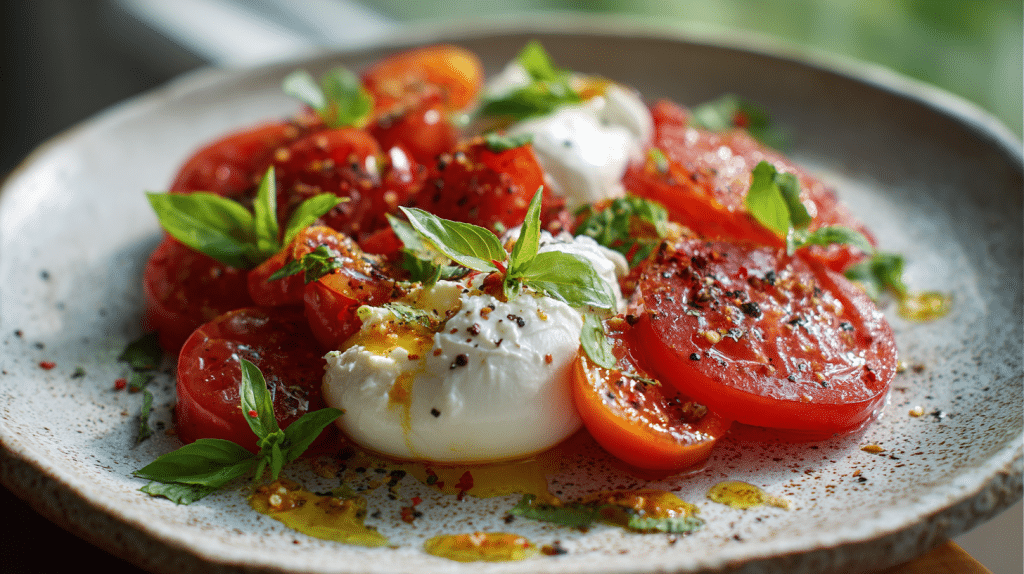 Friss burrata paradicsommal és bazsalikommal